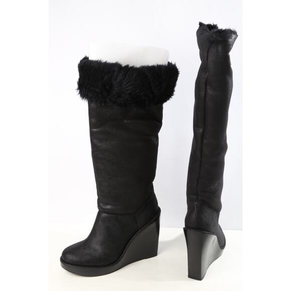 Michael Kors Black Faux Suede Calista Wedge Boots Size 8.5M Winter Knee Height - Picture 10 of 11